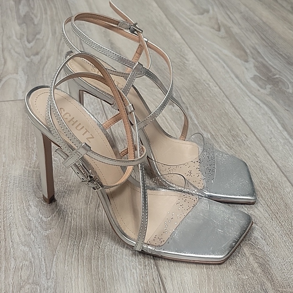 Schutz Size 9 1/2 Silver Aisha Leather & Vinyl Sandal NWT